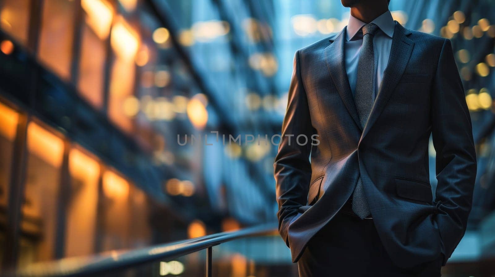 A man in a suit and tie stands on a balcony in a city. Concept of professionalism and sophistication, as the man is dressed in a business suit and tie