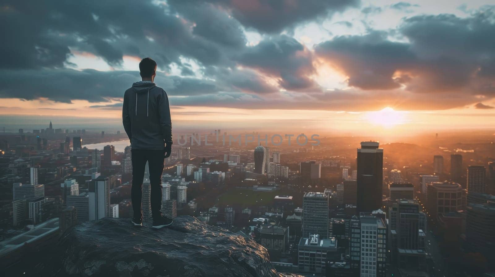 A man stands on a ledge overlooking a city at sunset. The sky is cloudy and the sun is setting, casting a warm glow over the city. The man is lost in thought, taking in the beauty of the scene