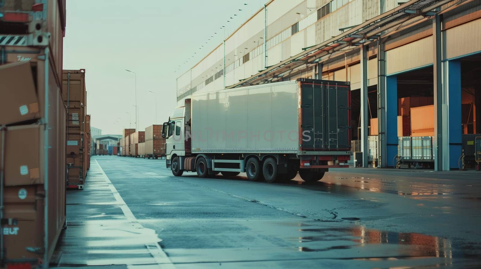 A large white semi truck is driving down a street next to a warehouse. The truck is surrounded by several other trucks and boxes, indicating that it is likely a busy shipping or transportation hub