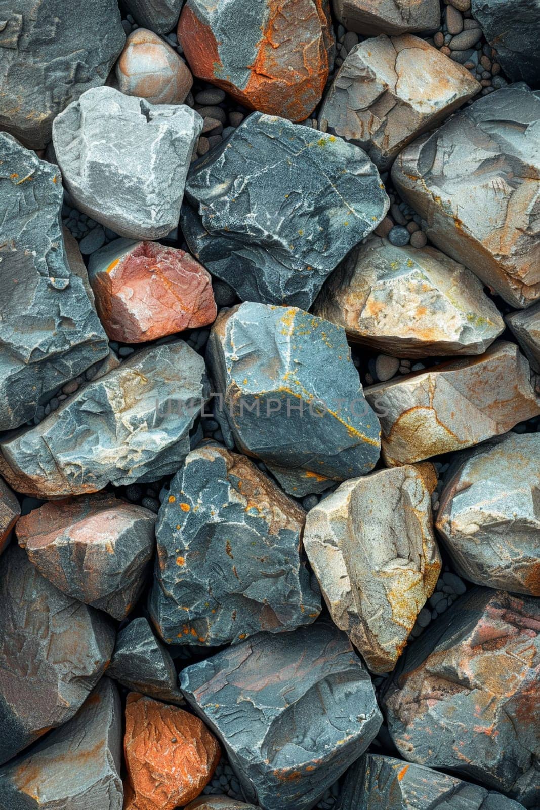 Abstract background of river stones of different structures. Stone background.