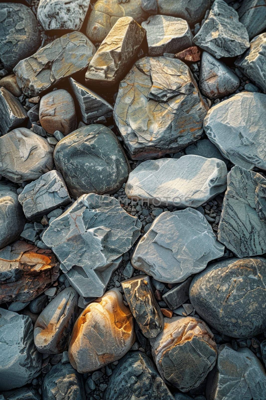 Abstract background of river stones of different structures. Stone background.