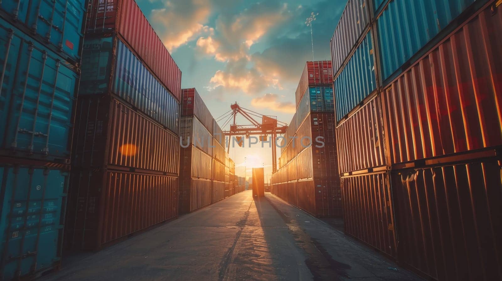 A large container yard with a crane in the middle. The sky is orange and the sun is setting