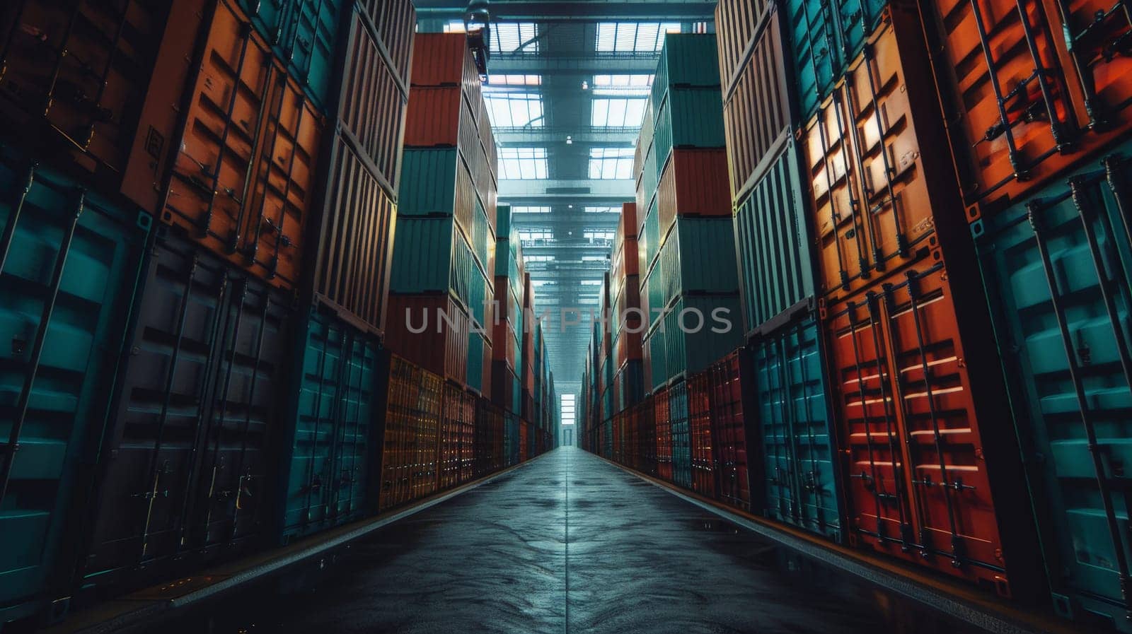 A large container yard with a crane in the middle.