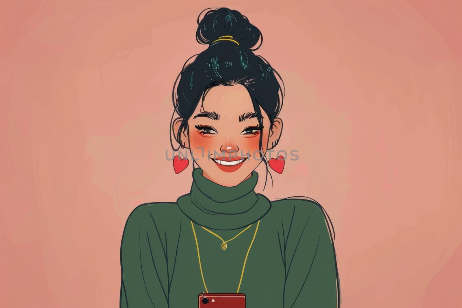 Woman in green turtleneck and red heart earrings inspired by fashion and beauty trends