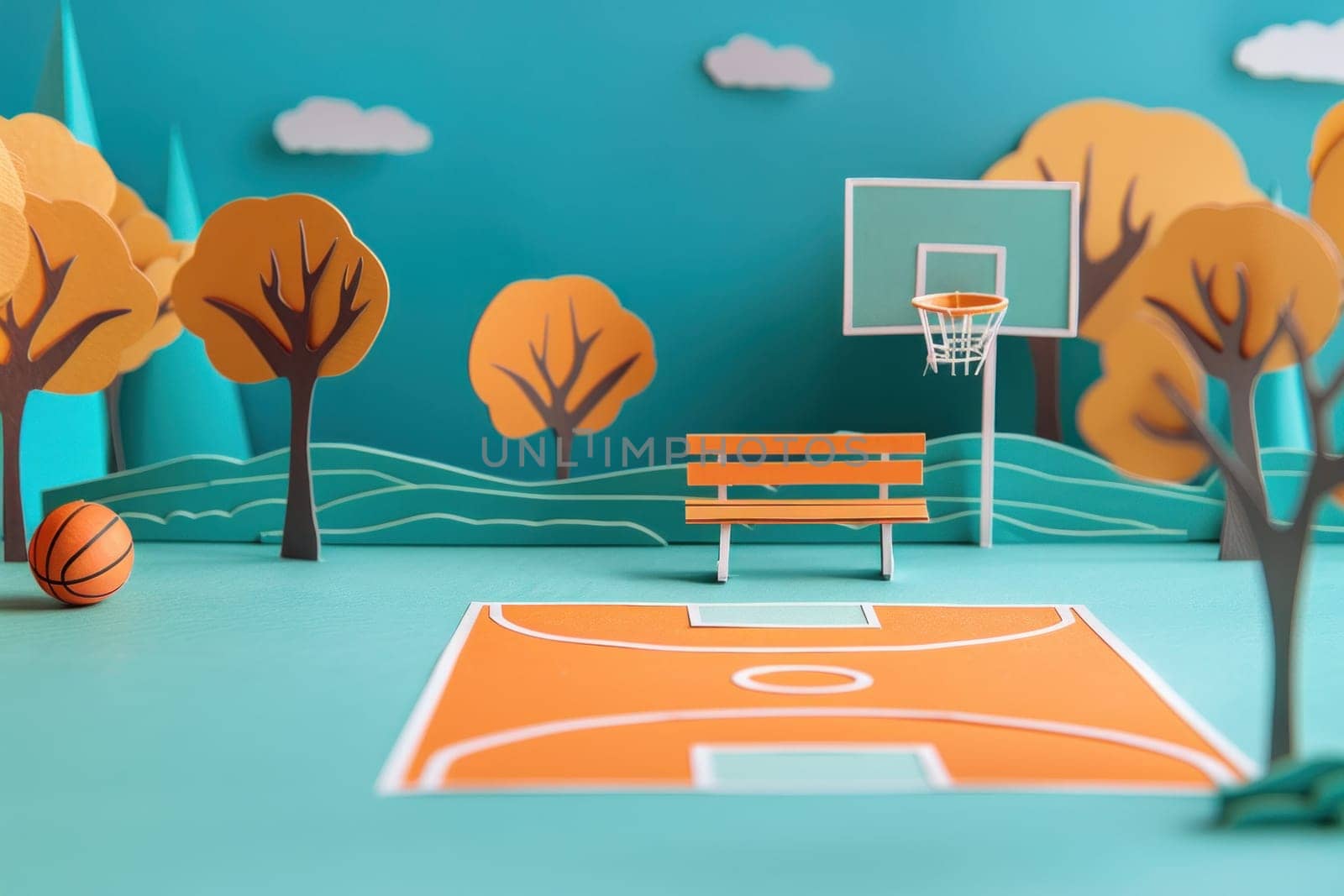 Basketball court scene with trees, bench, and ball in paper cutout design for sports and recreation concept