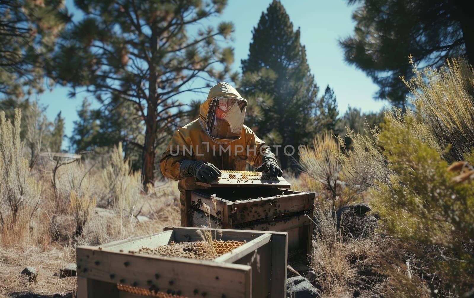 An apiarist inspects a beehive framed by lush greenery in a vibrant spring setting. The focus and care in maintaining bee health and honey production are evident in the meticulous work