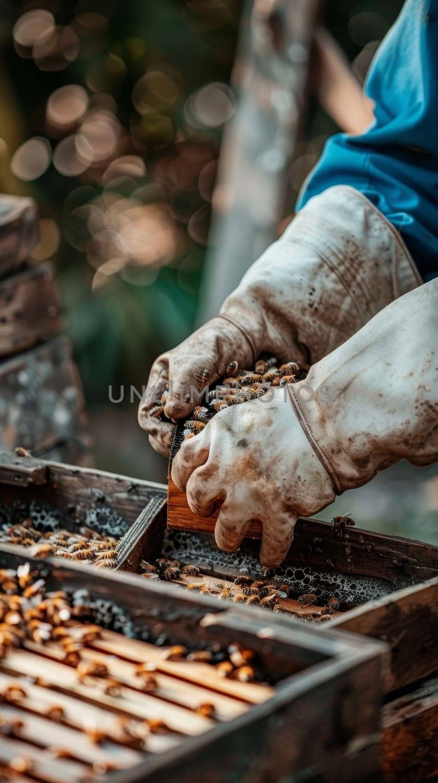 A beekeeper gently tends to bee hives in a lush environment, his gloves covered in pollen and propolis. His dedication to the craft shines through the image