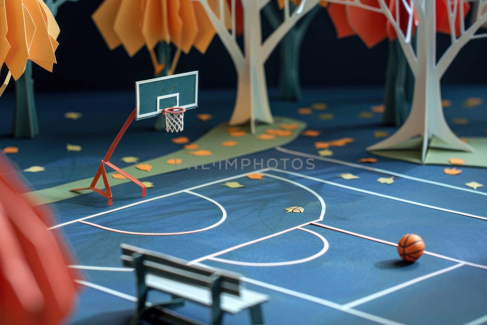 Paper model of basketball court with bench and tree in background recreation and nature scene design concept