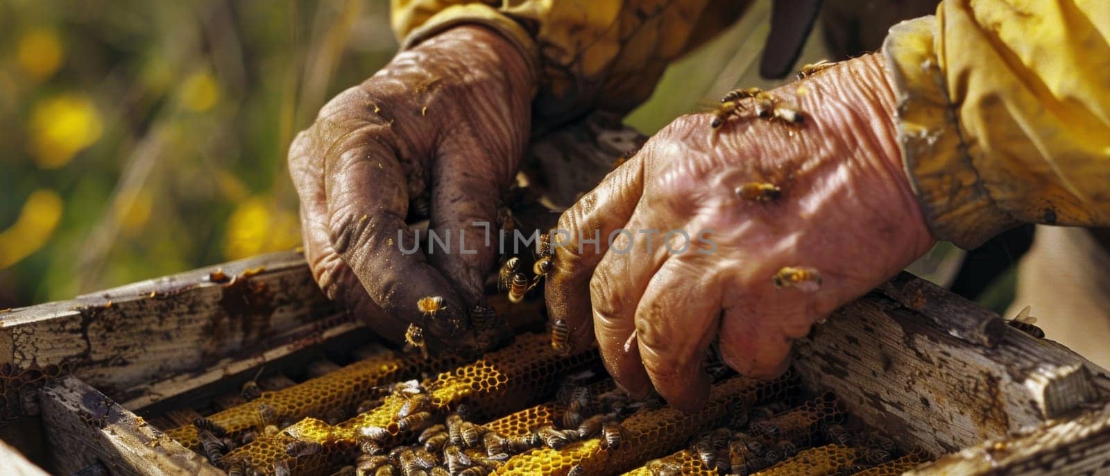 A beekeeper gently tends to bee hives in a lush environment, his gloves covered in pollen and propolis. His dedication to the craft shines through the image