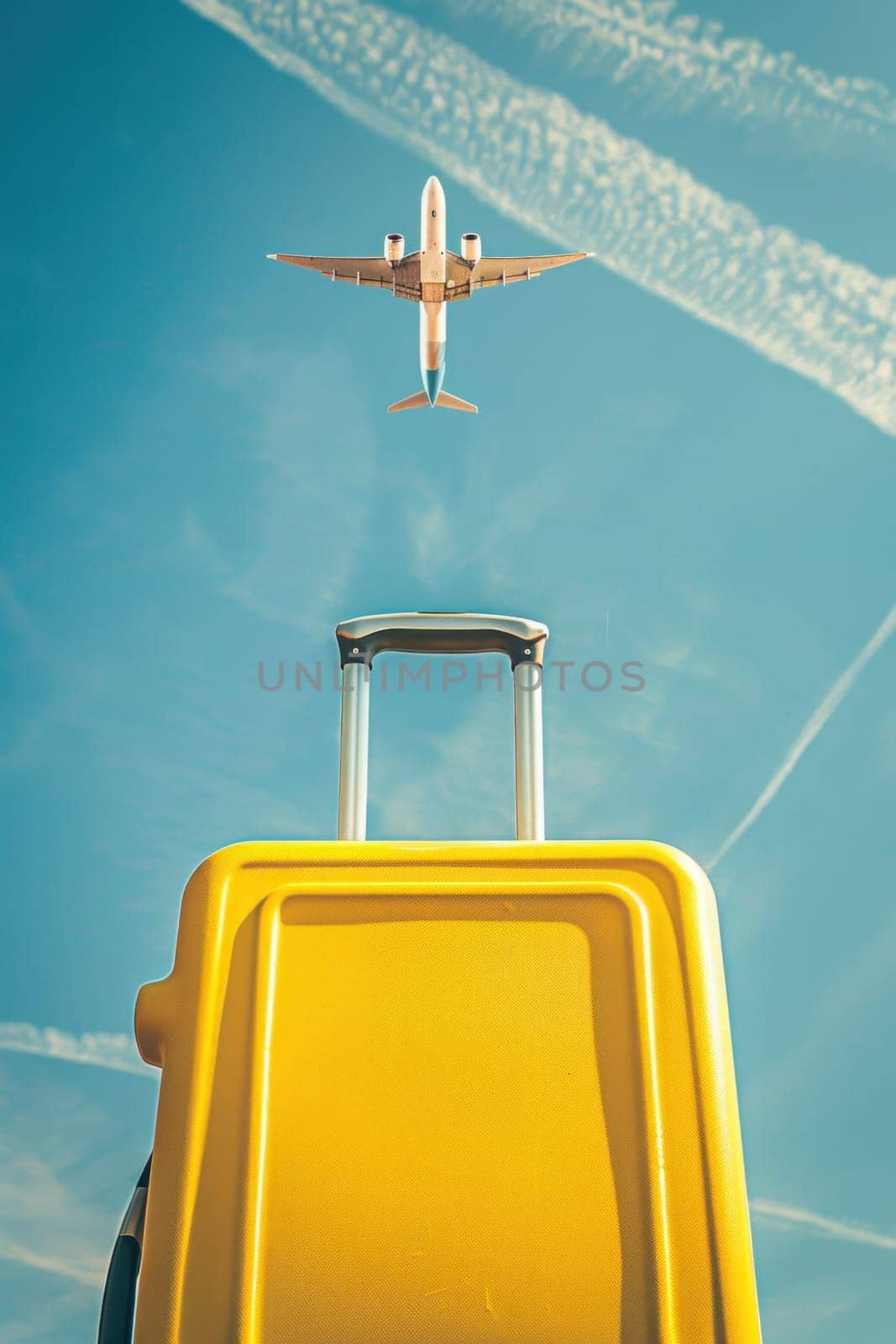 Traveling in style yellow suitcase with plane flying high in the sky above, wanderlust adventure concept photo