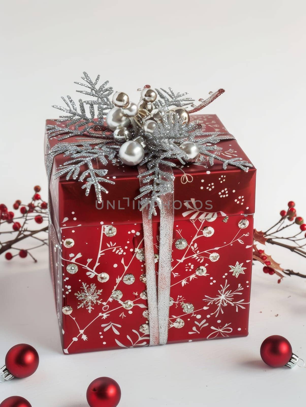 A vibrant red gift box adorned with silver snowflakes and festive baubles sits against a white backdrop. The box, tied with a shimmering silver ribbon, evokes the warmth of holiday cheer
