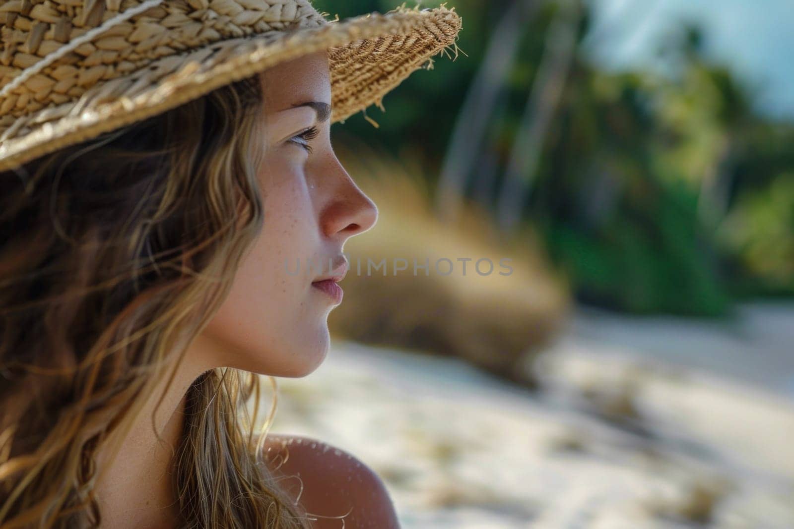 Young woman in straw hat contemplating horizon on tropical beach in travel and beauty connection