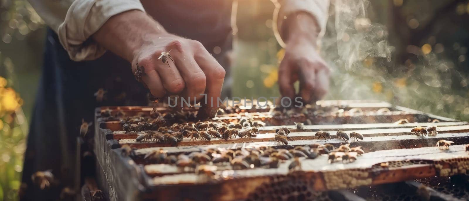 Amidst the autumnal hues, a beekeeper skillfully inspects honeycomb frames teeming with bees. The image captures the delicate balance of beekeeping and nature's cycle. by sfinks