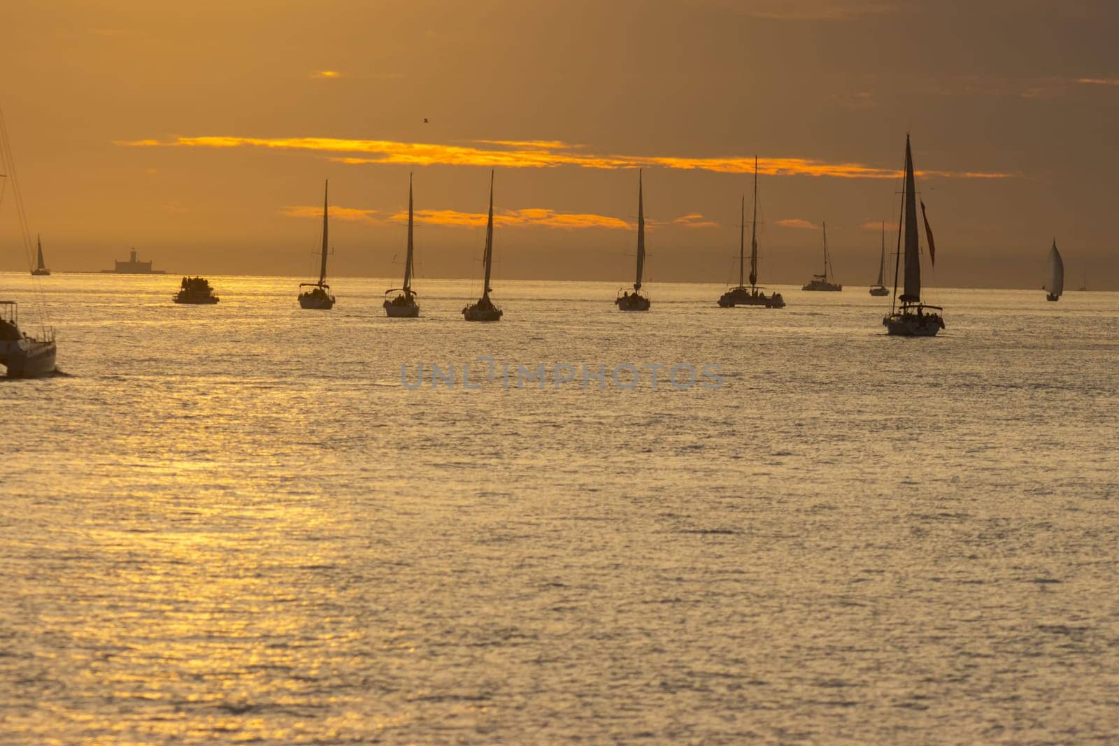 Sailing boats are sailing in the sea at orange sunset. Mid shot