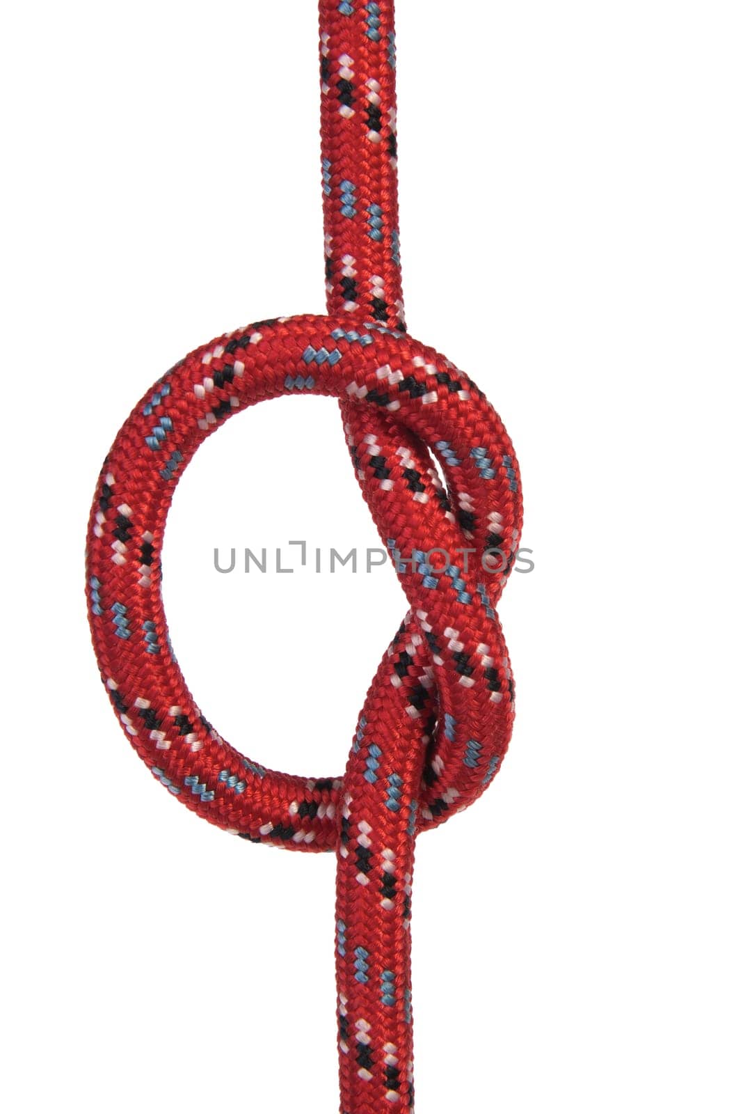 a knotted red climbing rope on a transparent background