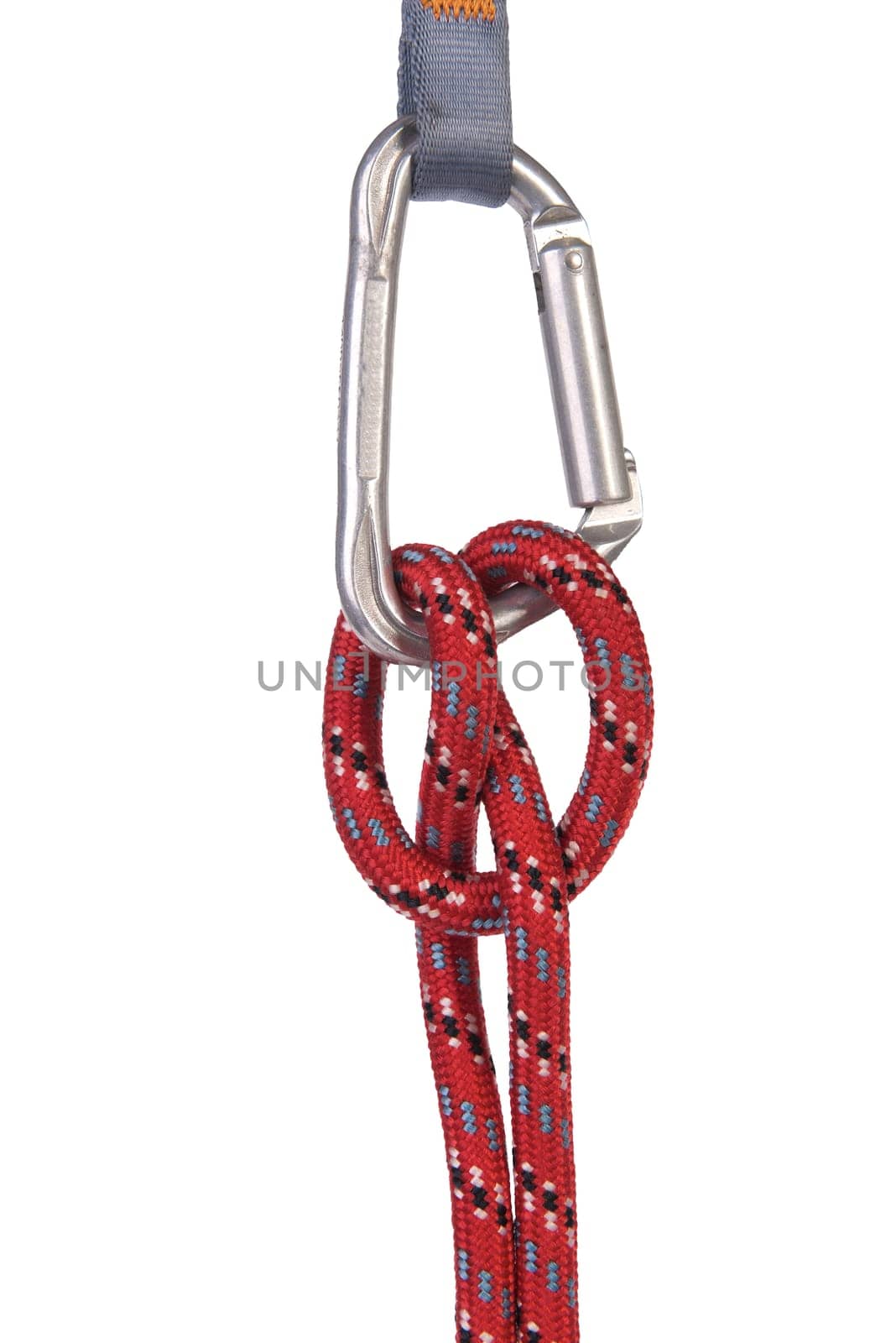 a red climbing rope knotted on a carabiner on a transparent background