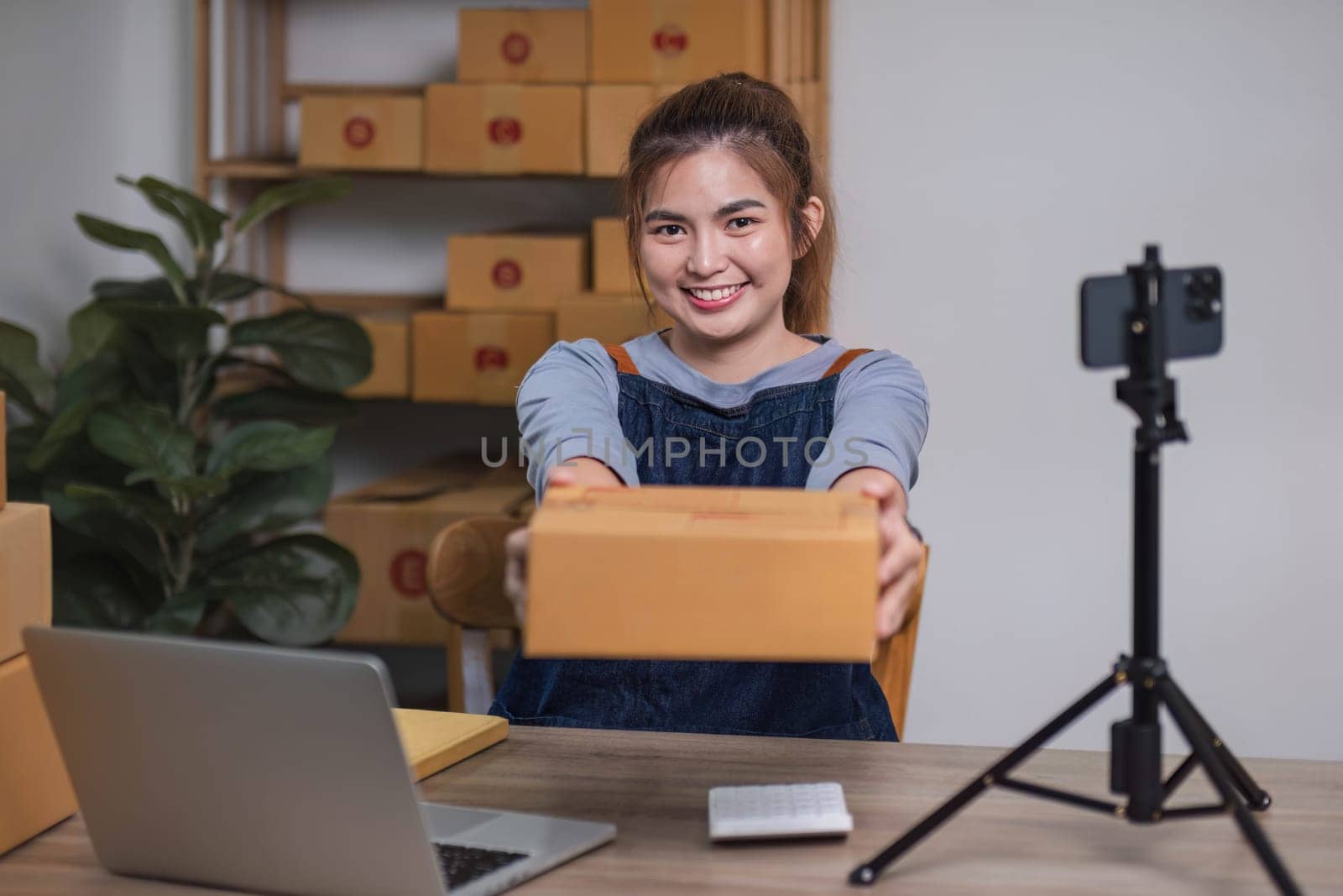 SME business owner holds a parcel box showing delivery of goods for an online business..