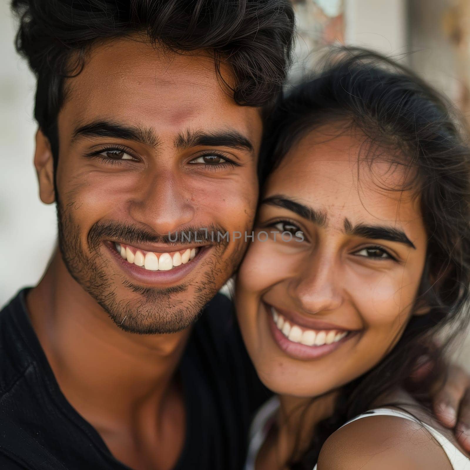 With beaming smiles and an affectionate embrace, this Indian couple exudes warmth and happiness in their close bond