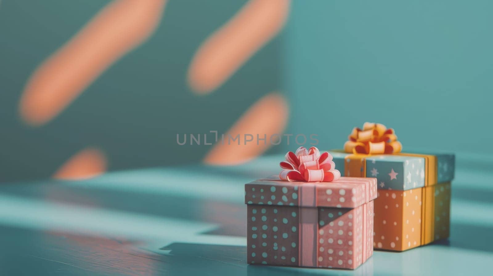 Two gold gift boxes on a table, Perfect for holiday and celebration concepts by nijieimu