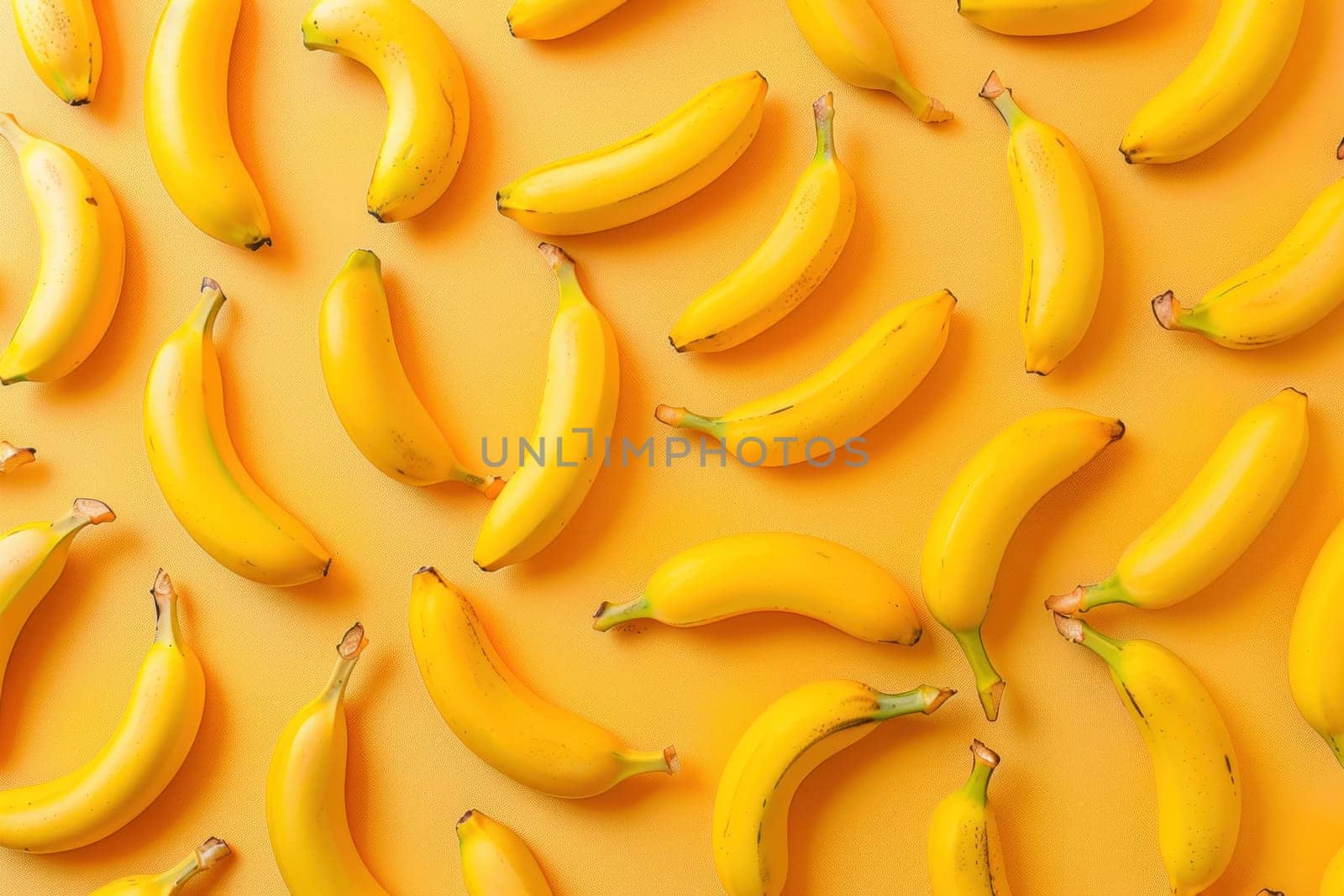 Fresh bananas arranged on vibrant yellow background in top view flat lay style for healthy food concept