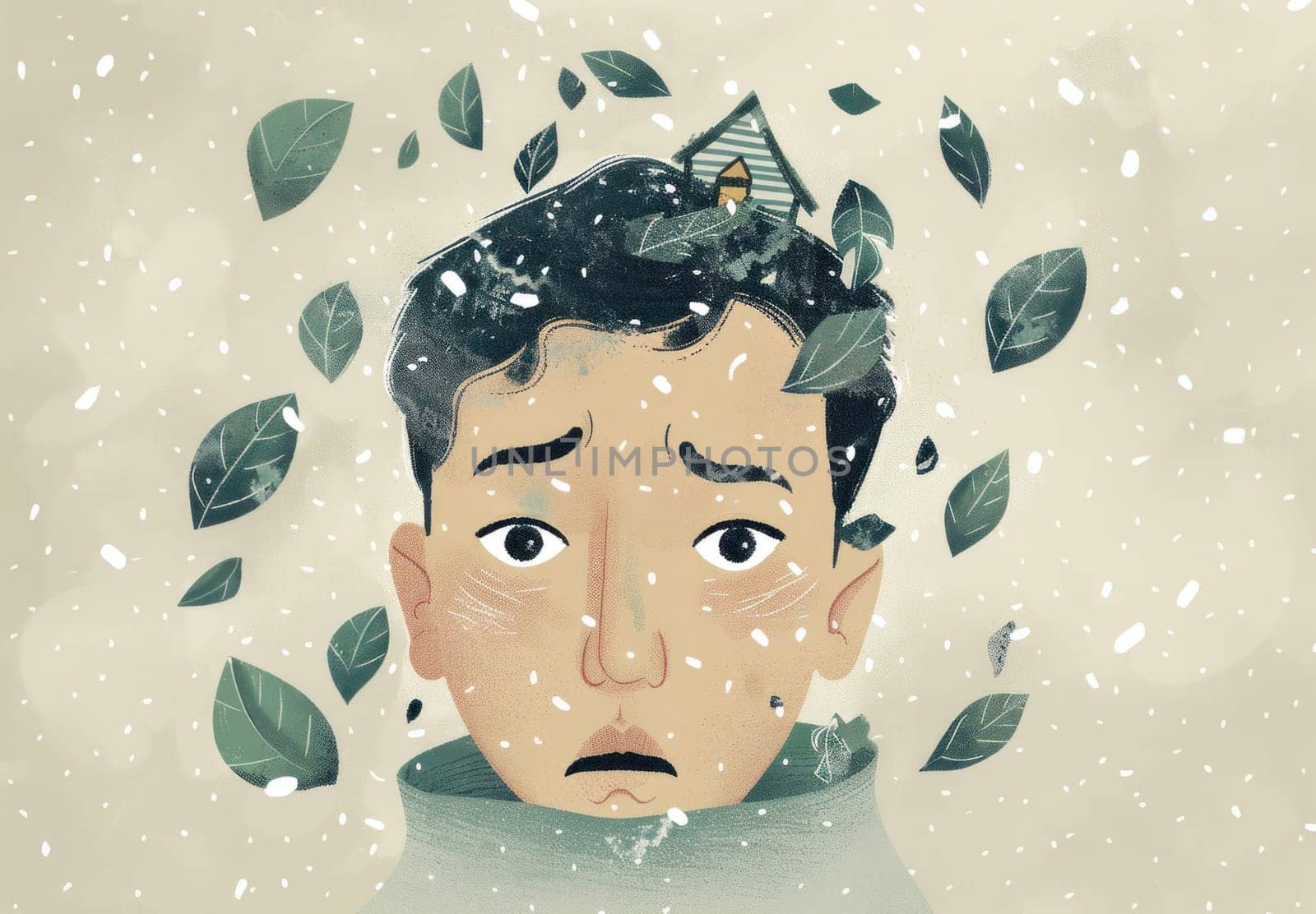 Man with snow on his head and falling leaves, symbolizing change, seasons, and transformation in nature