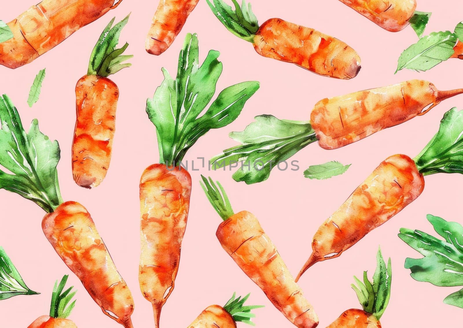 Watercolor seamless pattern with fresh carrots on pink background, ideal for kitchenthemed designs