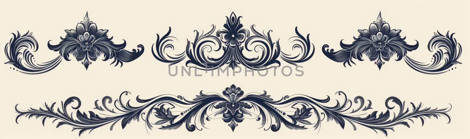 Vintage-inspired ornamental design featuring elaborate floral motifs and swirling patterns on a beige background. by sfinks