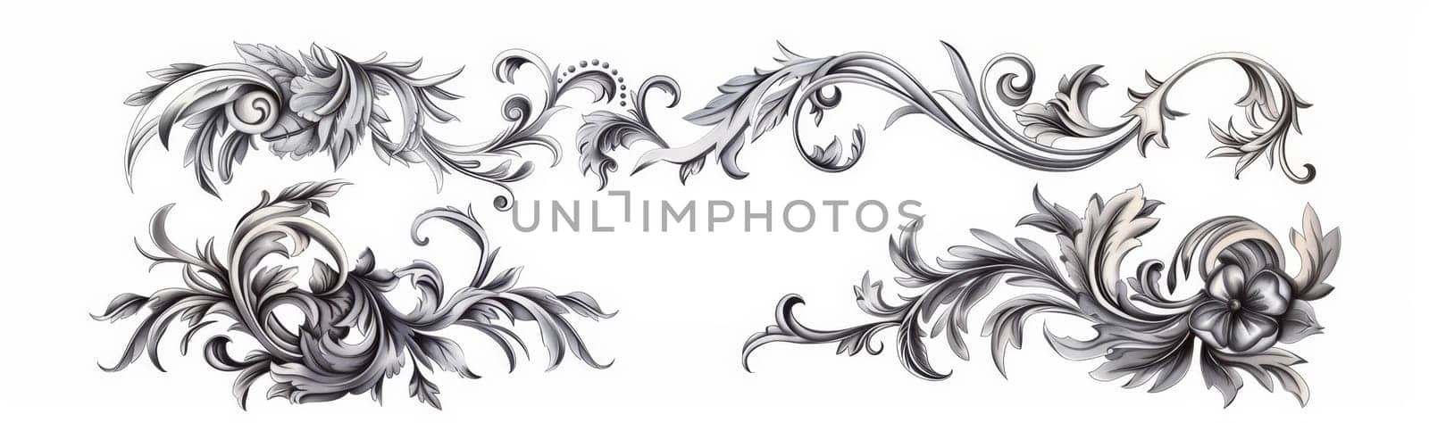 Elegant black and white illustration of symmetrical flourish designs with intricate patterns and swirls