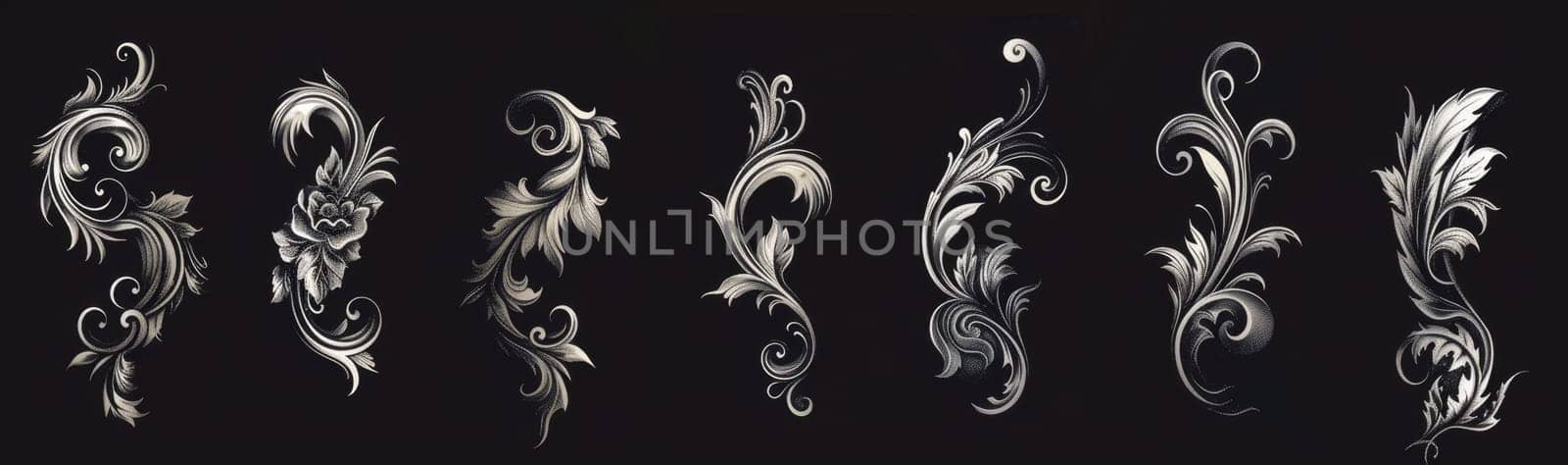 Collection of black flourish artwork with ornate floral designs and elegant curves presented on a dark background.. by sfinks