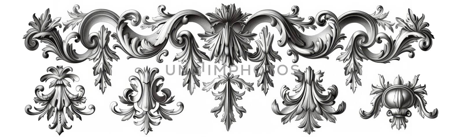 Monochrome swirls and floral patterns stretching across a white background in a seamless design. by sfinks