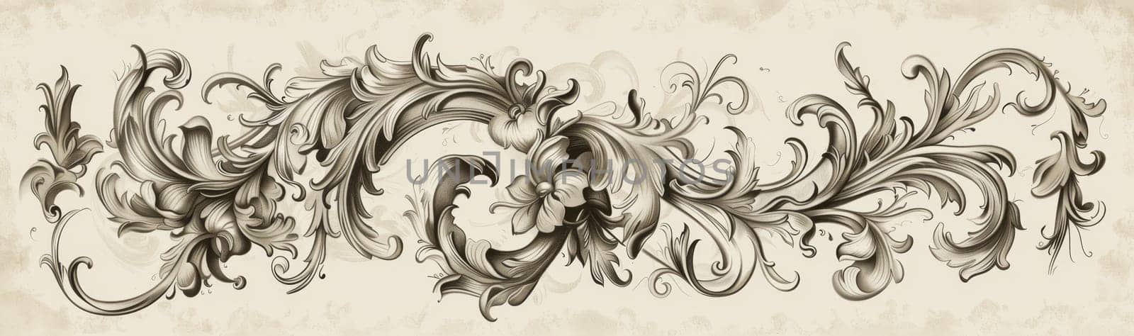 Monochrome swirls and floral patterns stretching across a dark background in a seamless design.. by sfinks