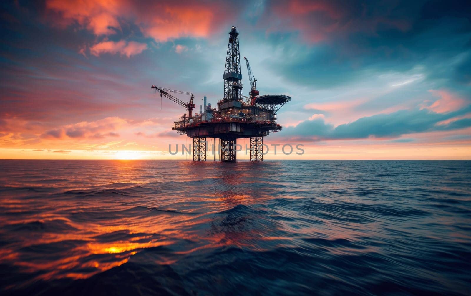 Majestic sunset silhouette of an offshore oil rig, with vibrant skies reflecting on the ocean surface
