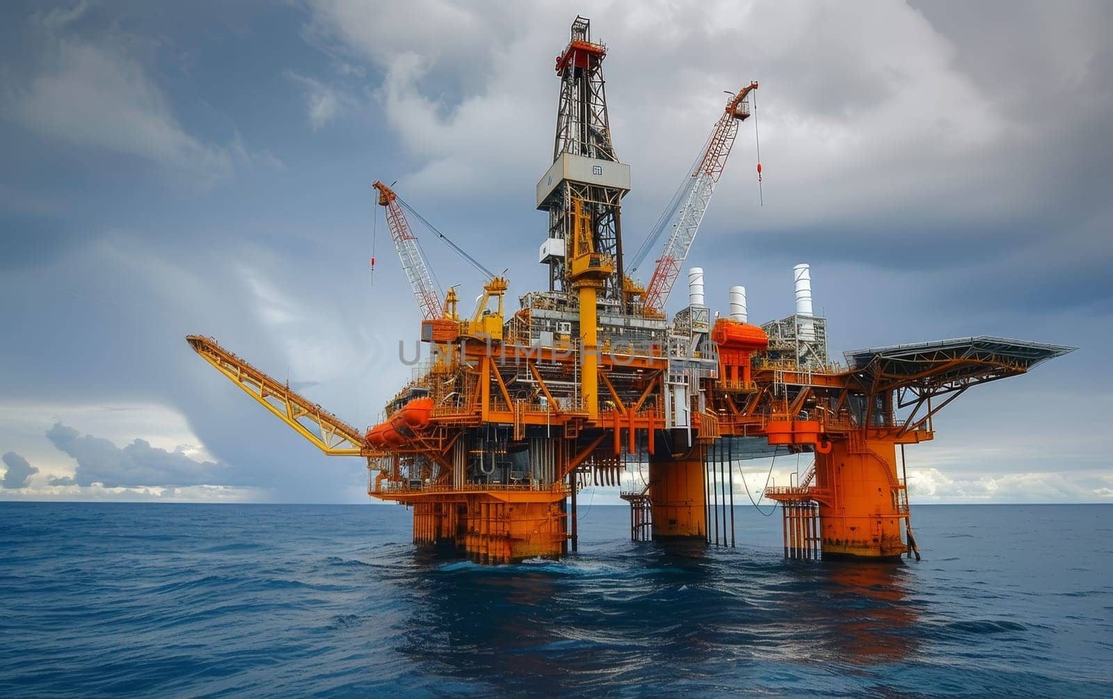 Offshore oil and gas platform in the ocean under a cloudy sky, displaying the complexity of energy infrastructure
