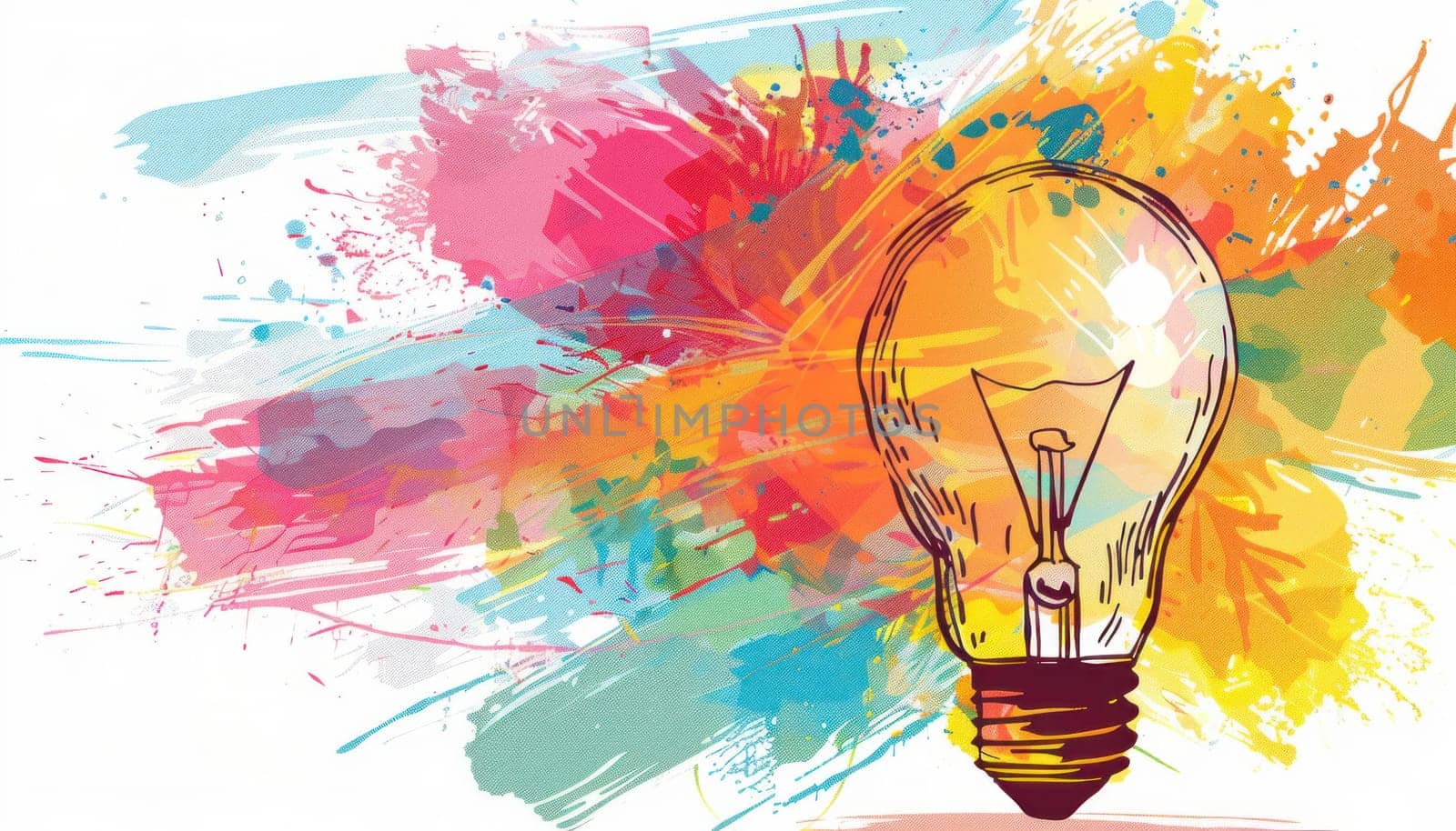 Illuminated idea concept lightbulb with paint splatters on white background for creative business inspiration and art design
