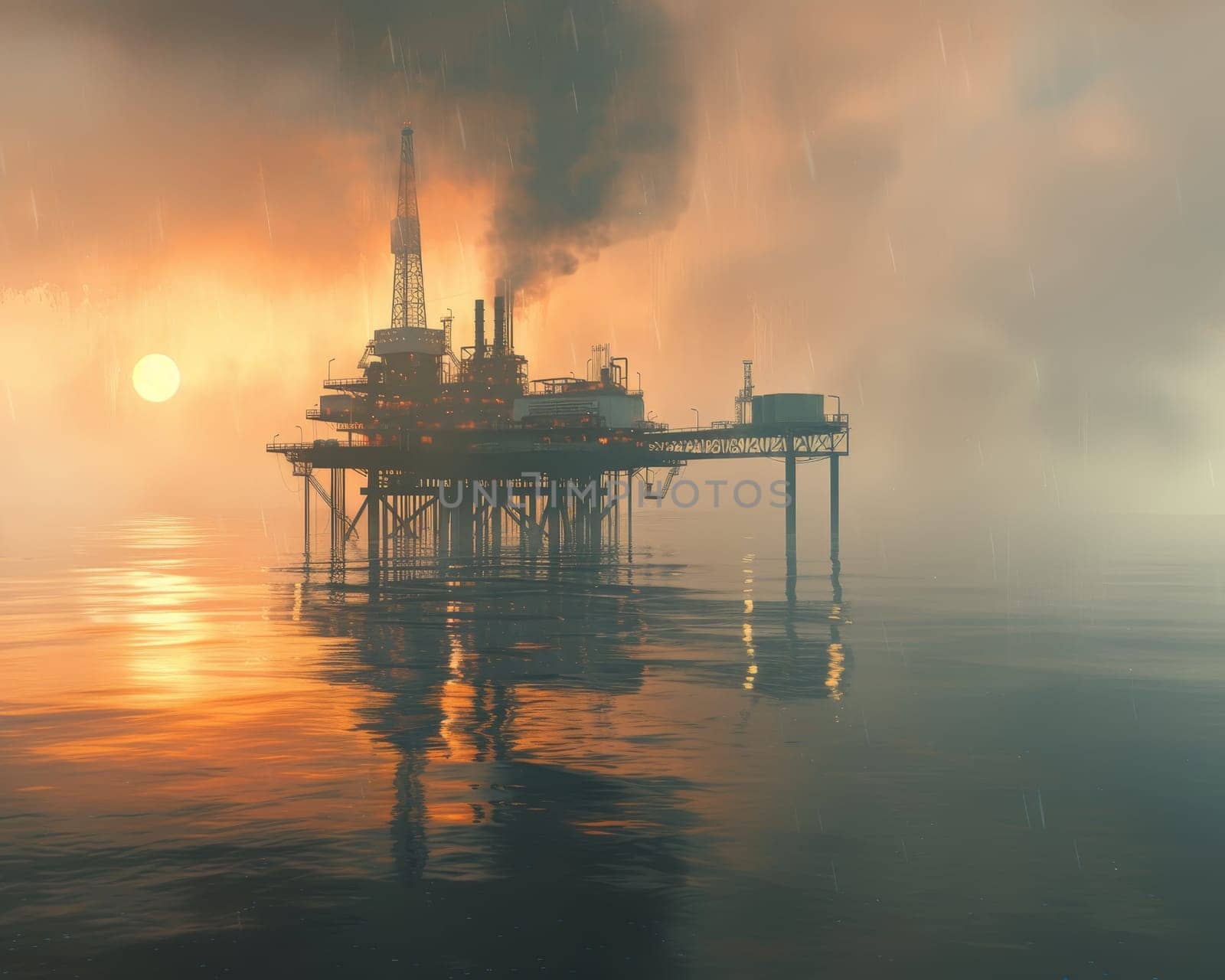 Offshore drilling rig in the sea, captured in stunning orange hues during a dramatic sunset