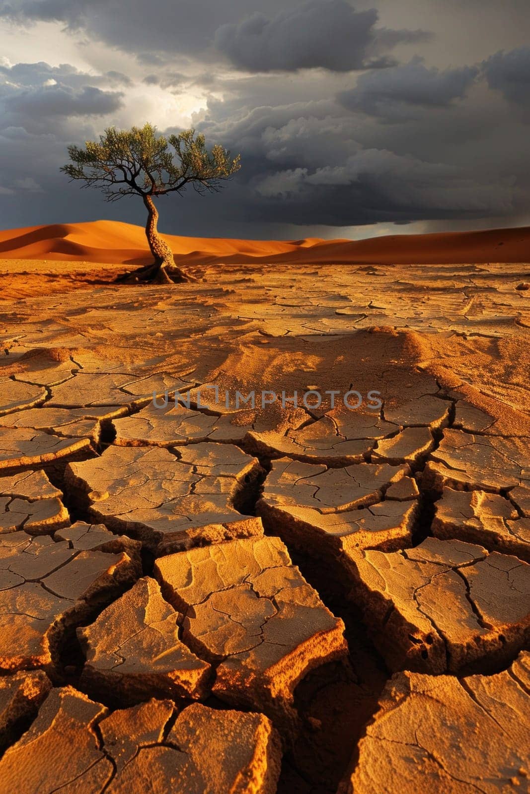 Lonely tree in the heart of the arid desert with stormy sky in the background