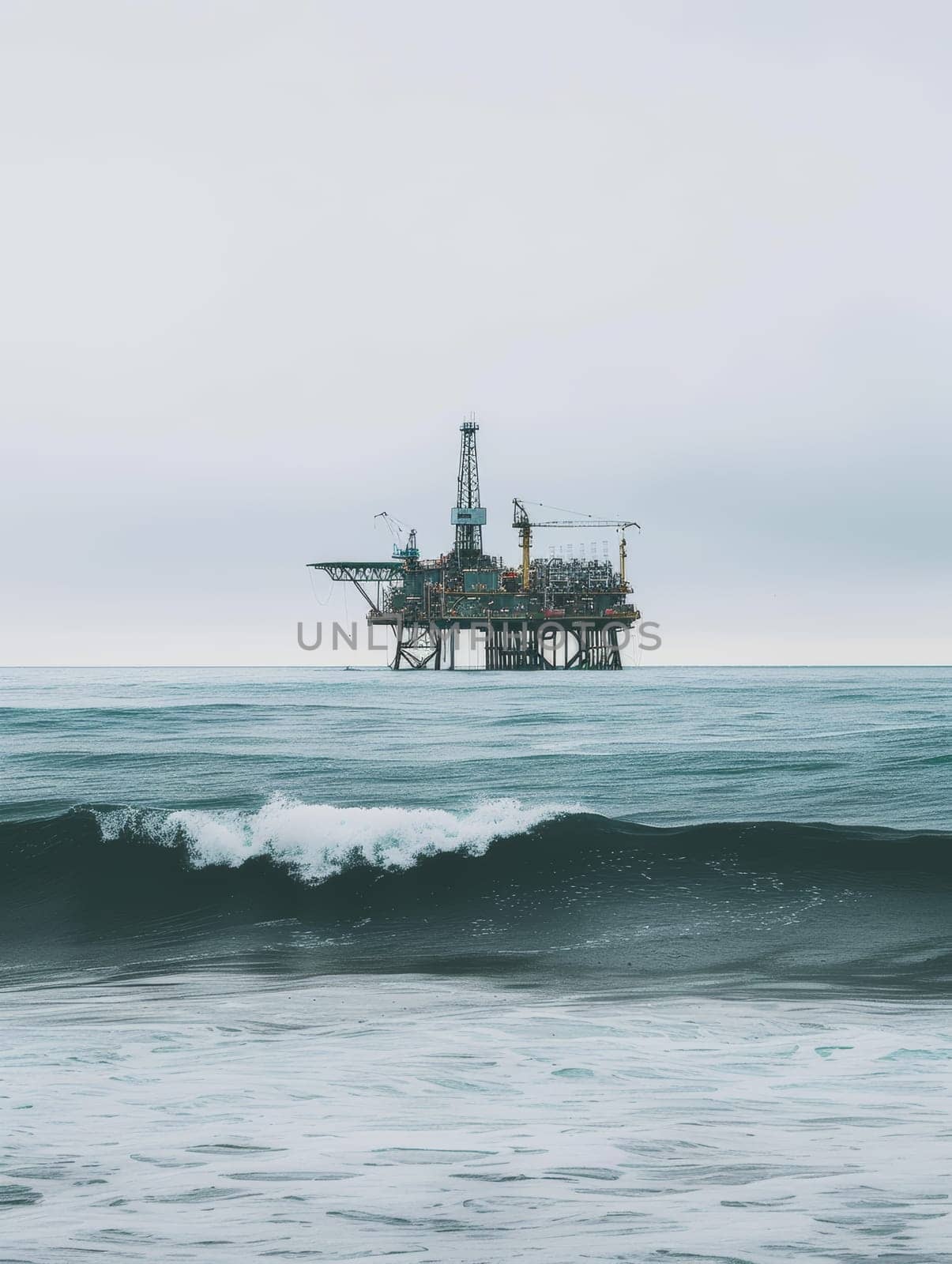 An offshore oil platform stands in stark contrast to the calm sea, with waves gently breaking in the foreground under an overcast sky