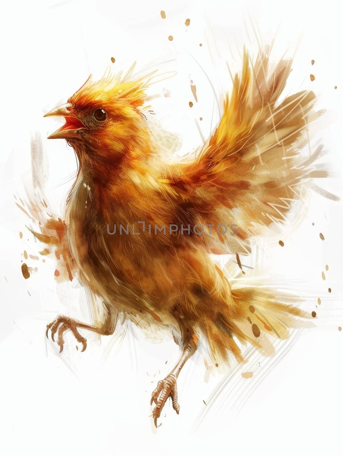 Artistic illustration of a bird in motion, painted in vibrant orange tones with expressive brush strokes