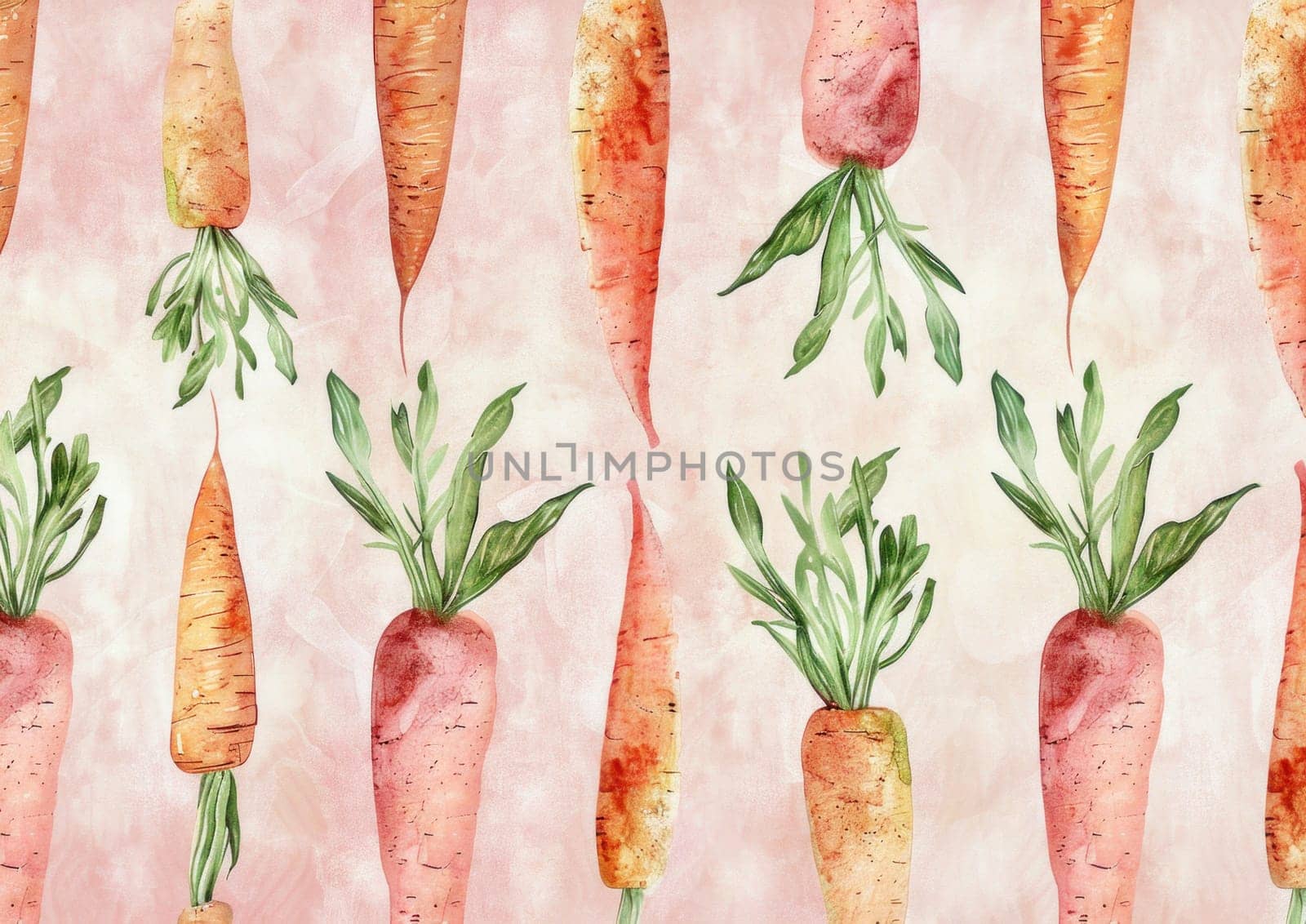Watercolor pattern of carrots on pink background with green leaves fresh and healthy vegetable art design for kitchen and garden decor