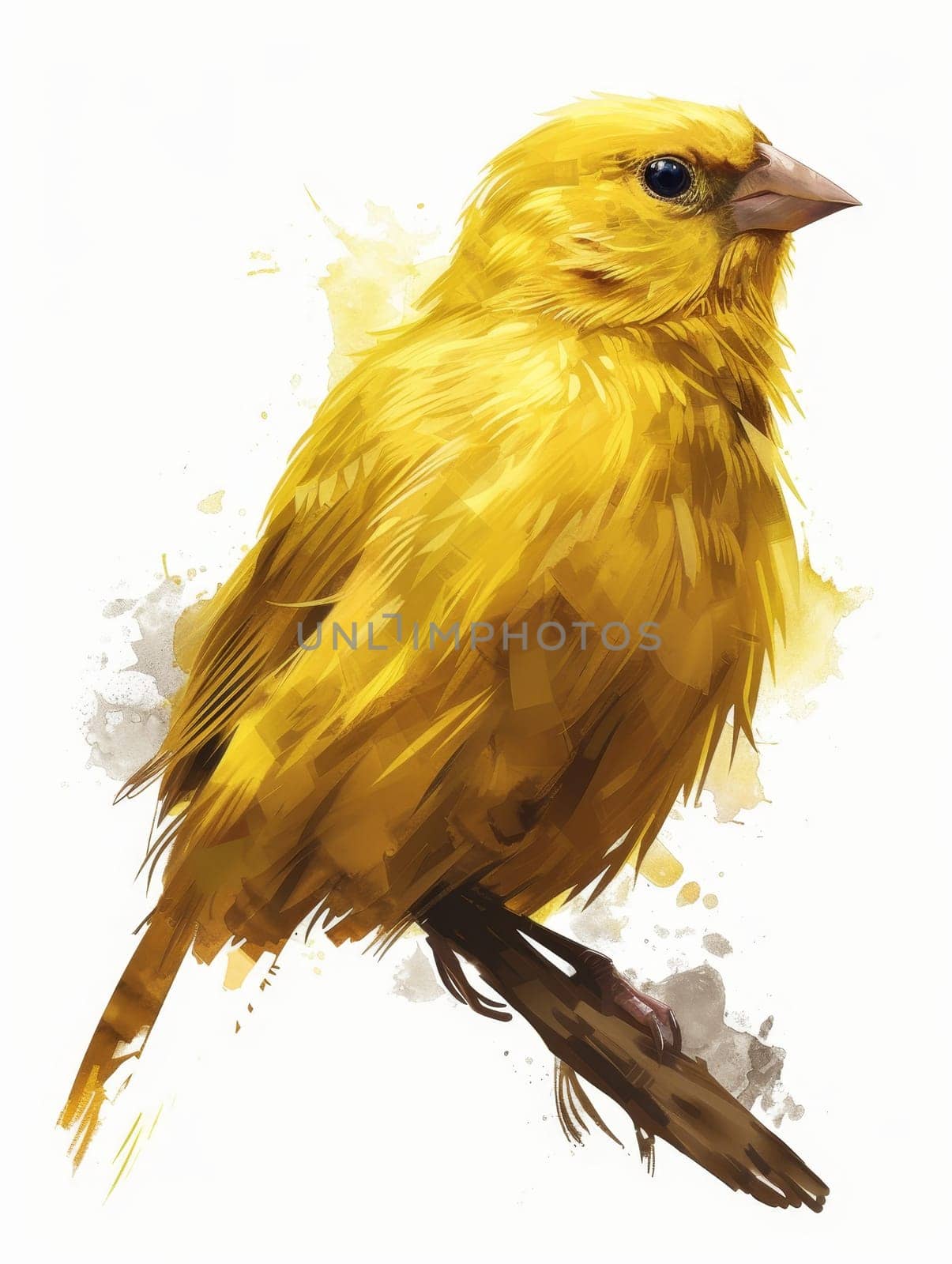 Artistic illustration of a yellow bird with dynamic brush strokes and a splash of watercolor effects