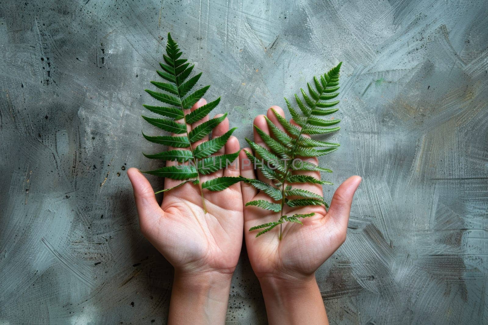 Two hands embracing fern leaves on grunge background nature connection and relaxation concept