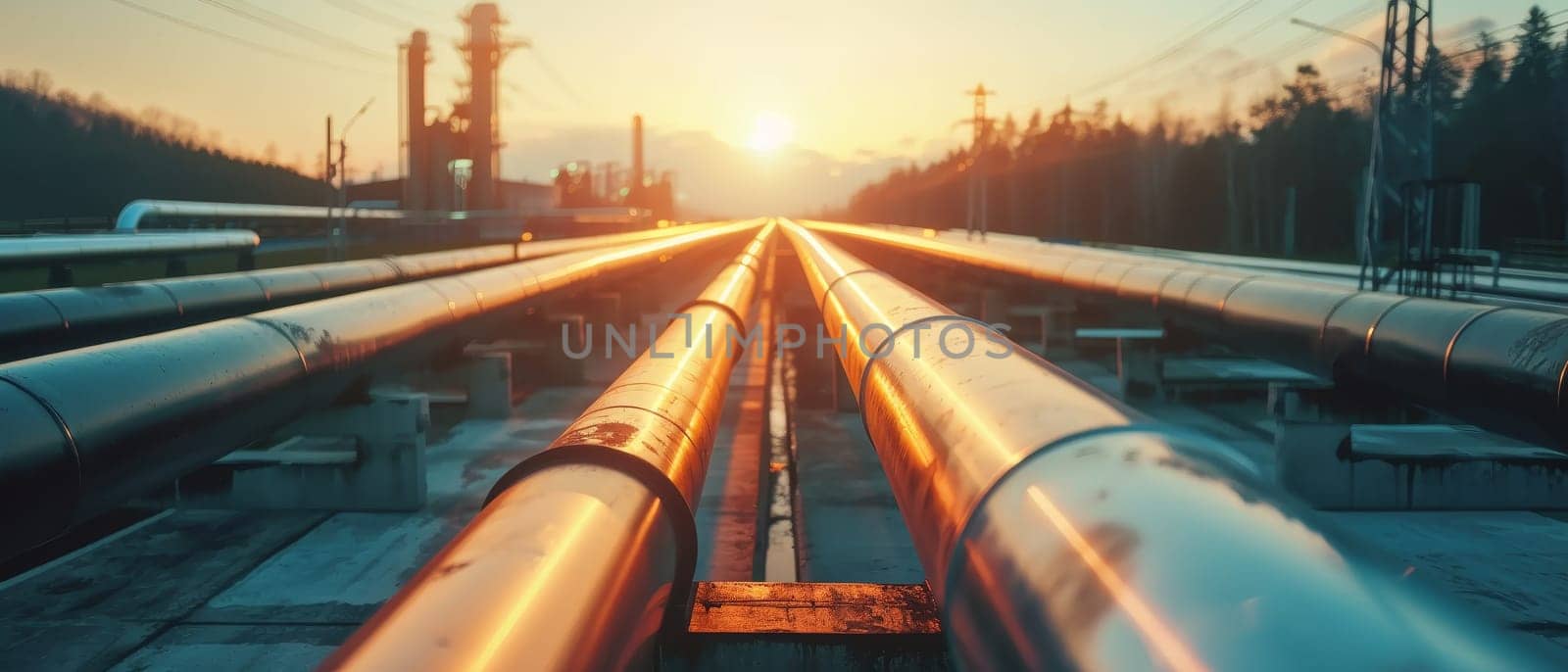 A network of industrial pipes silhouetted against a vibrant sunset, signifying energy transportation. by sfinks