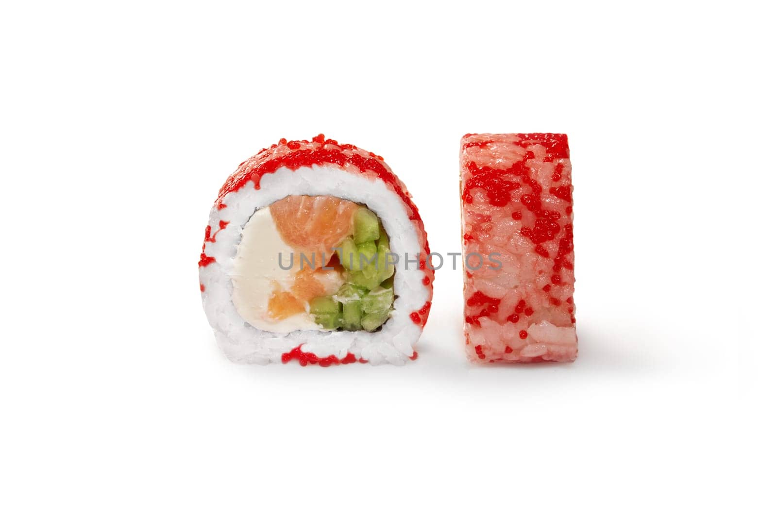 Closeup of classic California sushi roll with fresh salmon, avocado and cucumbers topped with red tobiko on white background. Japanese authentic cuisine