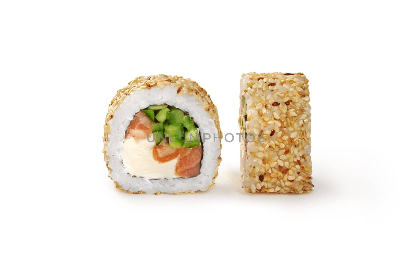 Closeup of appetizing California sushi roll with smoked salmon, cream cheese and cucumber coated with sesame seeds on white background. Japanese authentic cuisine