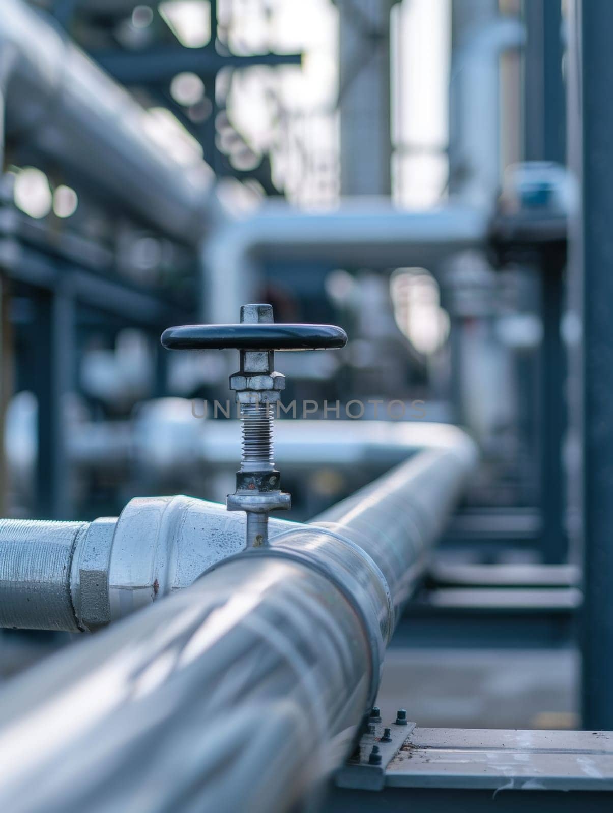 Close-up view of a manual valve with focus on the wheel handle on an industrial metal pipeline, blurred background highlights the facility complexity