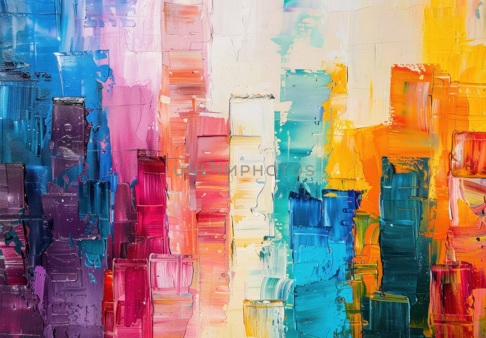 Colorful city skyscrapers abstract artwork with bright orange, yellow, and blue colors in urban travel theme