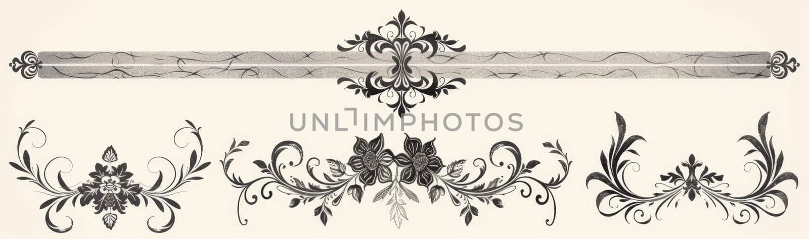 Wide, panoramic vintage ornamental design with intricate floral patterns on a cream background. by sfinks