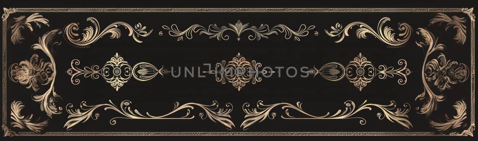 Elegant black and gold baroque frame with detailed floral patterns and designs on a dark background