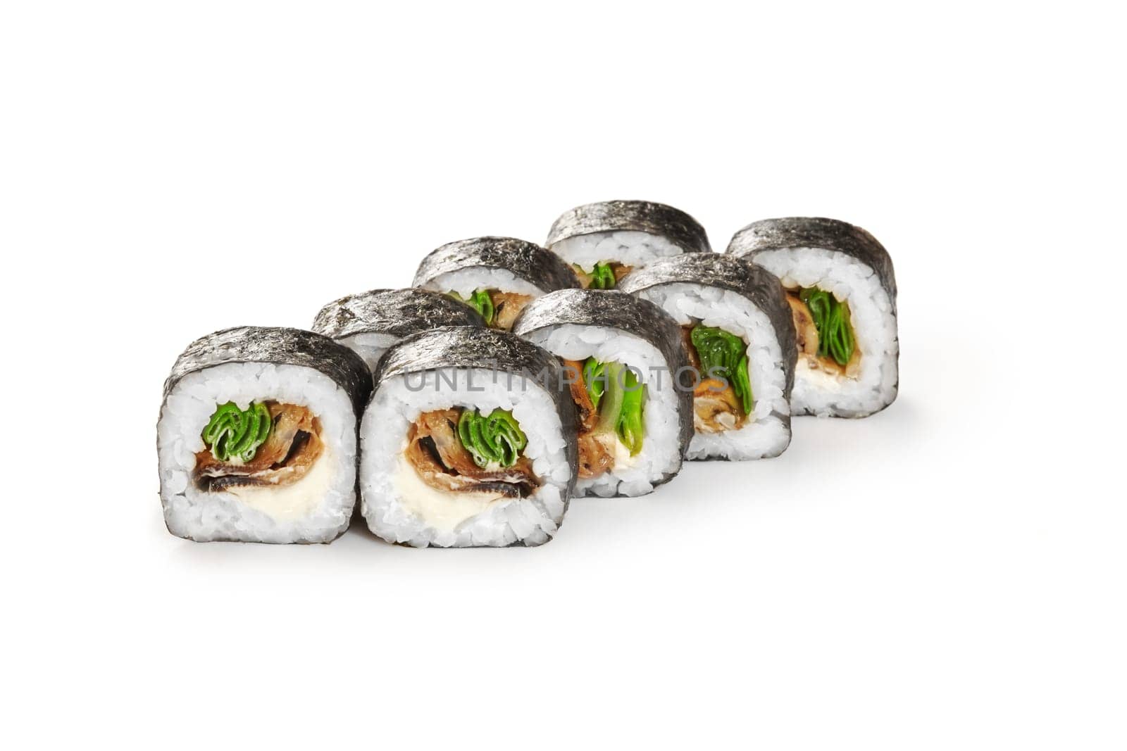 Norimaki rolls with eel, scallions and cream cheese on white by nazarovsergey