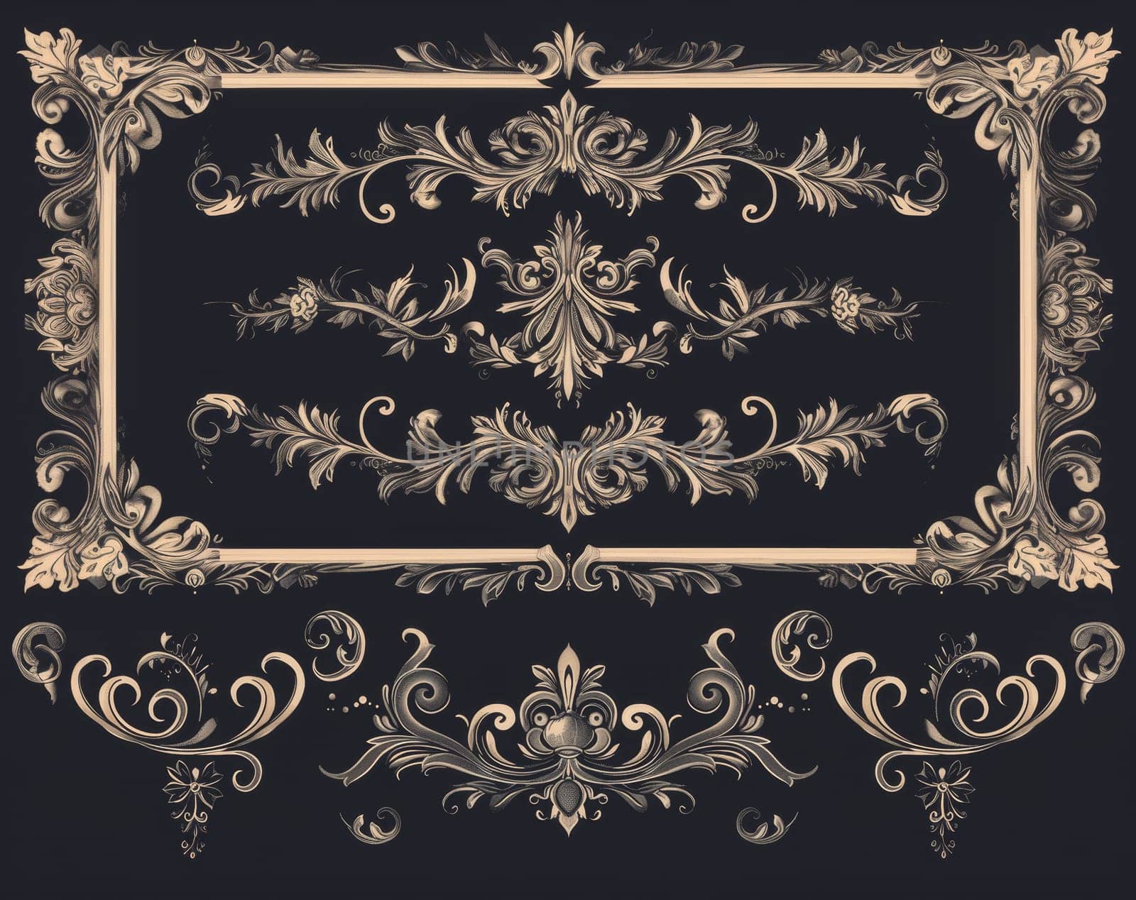 Sophisticated decorative frame featuring intricate golden ornamental designs on a black background. by sfinks